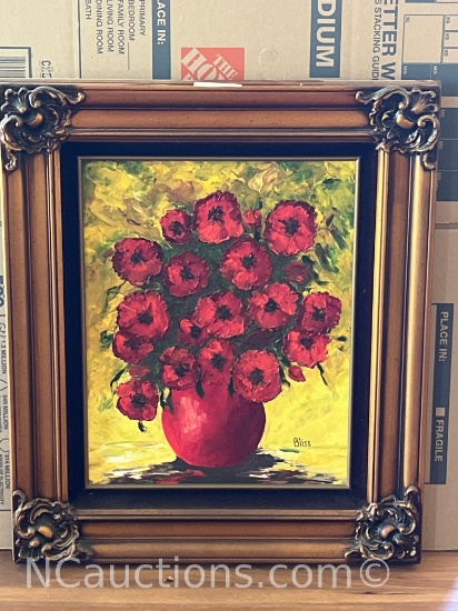 mid-century oil painting on masonite featuring red poppies in a red vase, signed "Bliss