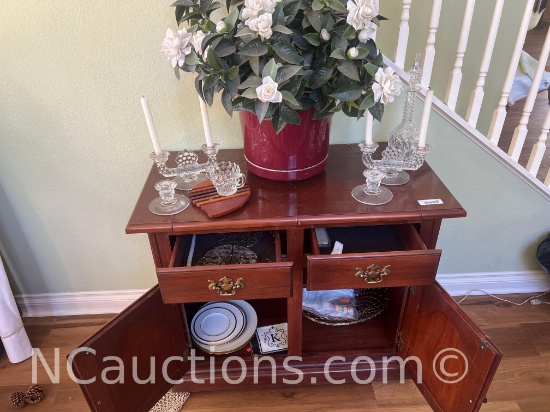 vintage cherry wood flip-top server, and contents 32INX 19 INX 38IN