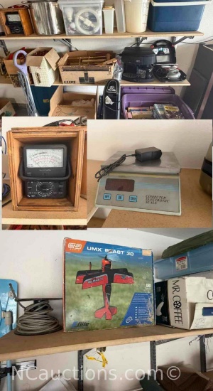 Contents of Shelves Model Airplane, Vintage Multimeter, Computer Scale more