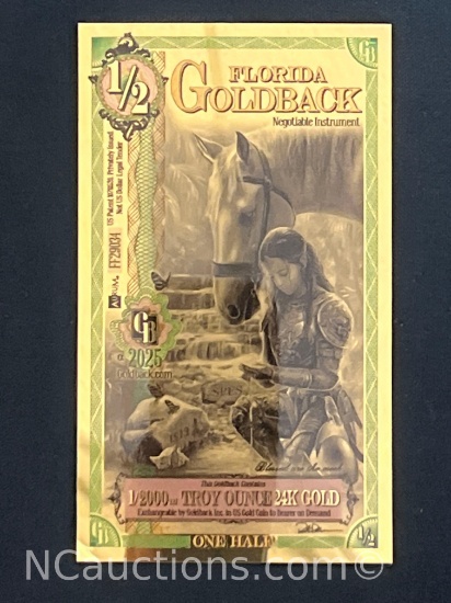Florida 1/2 Goldback 2025 Gold Foil Note 1/2000th Troy Oz 24KT