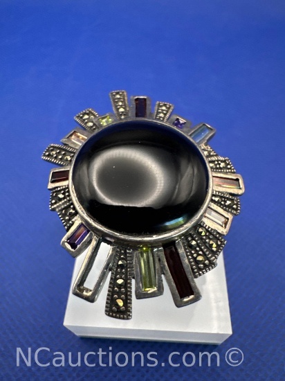 Sterling Silver Black Onyx Multicolor Gemstone Ring 15 Grams Size 7