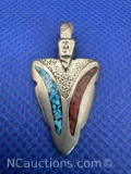 Sterling Silver Navajo Turquoise and Coral Inlay Pendant 2 Grams