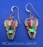 Native American Sterling Silver Lapis Coral abalone Earrings 8 Grams