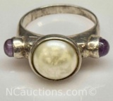 925 Sterling Silver Pearl Ring with Amethyst Sz.5.5 4g Total