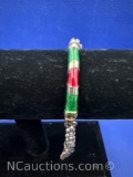 Sterling Silver Green and Red Enamel Band Link Bracelet