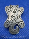 Mexico Sterling Silver Happy Cat Brooch Pin