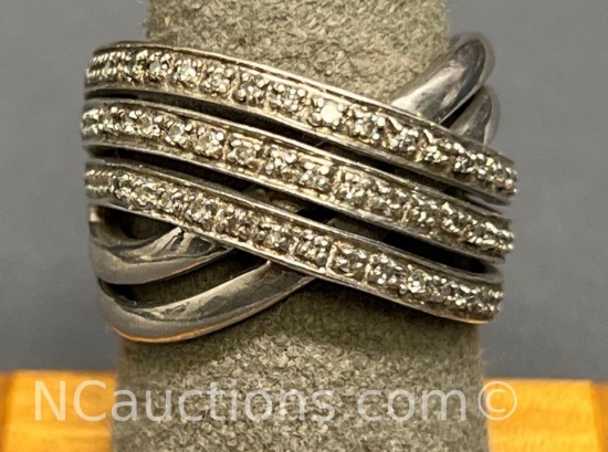 sterling silver 925 ring 7 grams bands intertwined with sparkling clear stones