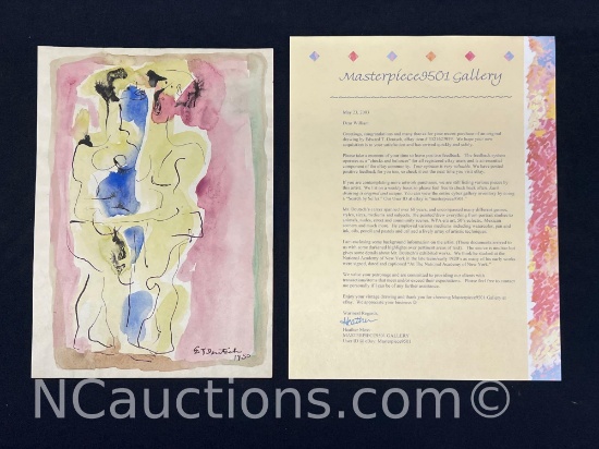 8x10 mid-century abstract watercolor on paper signature says "E. T. Deutsch" and dated 1950