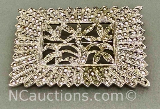 925 Sterling Silver Vintage Sparkling Bordered Floral Brooch Pin 17 grams