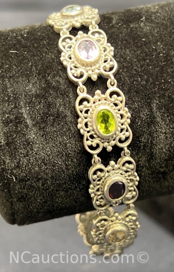 Sterling silver 925 bracelet 22 grams multi gemstones Topaz Amethyst Citrine Garnet etc.