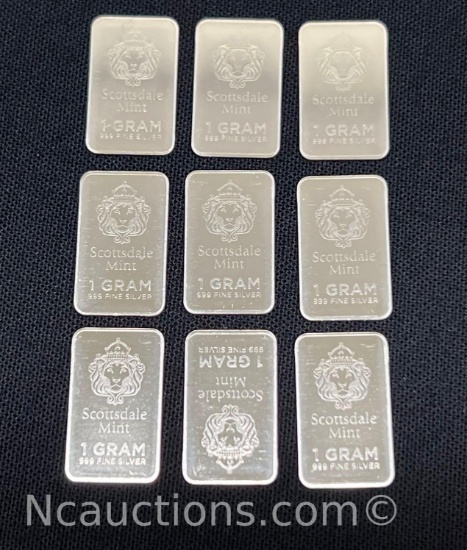 Nine .999 Silver Bars 9 grams Scottsdale Mint
