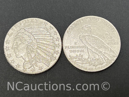 Two 1/10 Troy ounce .999 Silver coins 6 grams Golden state mint