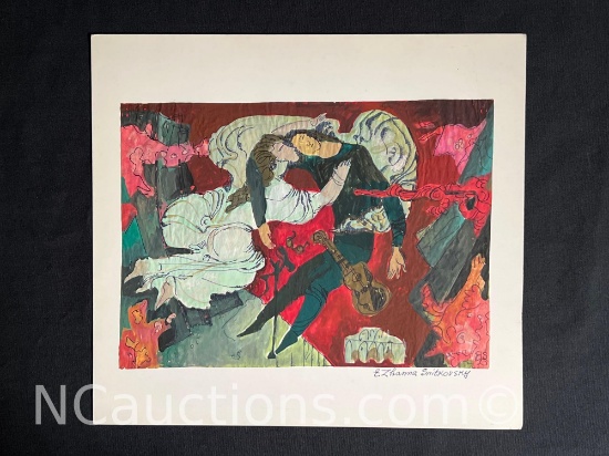 Death of a Singer 10x7.5in pen colored acrylic painting J & E Snitkovsky