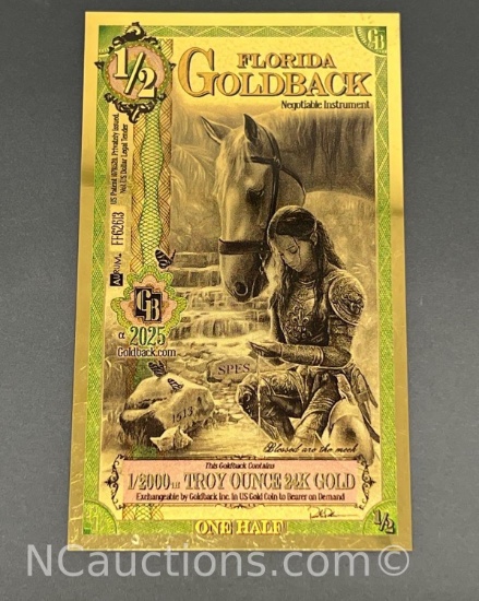2025 Florida 1/2 Goldback note 1/2000th of a troy ounce of 24K pure gold