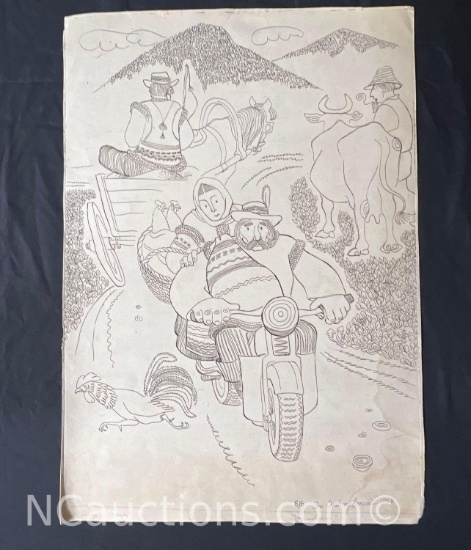 Rural Carpathian scene 16x23in pen on paper drawing J & E Snitkovsky