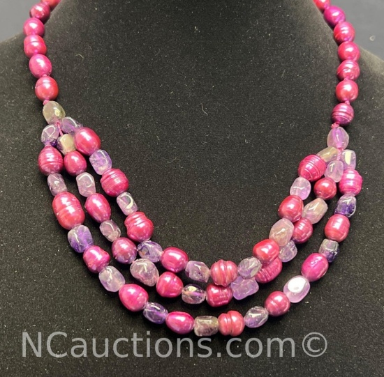 Sterling silver 925 Purple Pearl and Amethyst gemstones necklace 90 grams