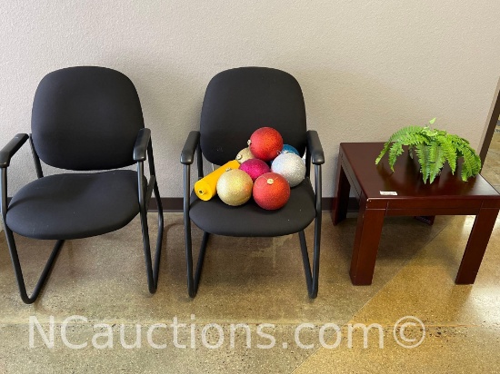 Square dark wood end table and Two chairs No contents