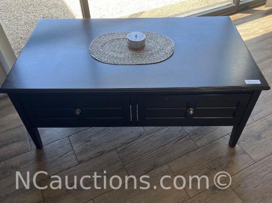 dark brown wooden storage coffee table with two drawers upstairs