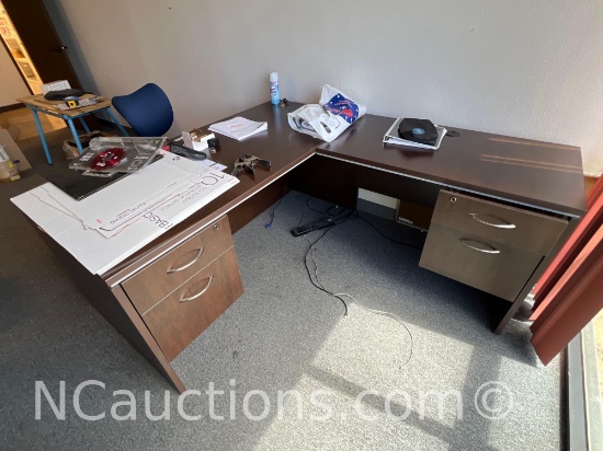 Executive L-shaped office desk dark wood finish Contents not included
