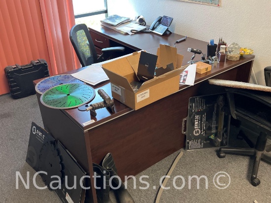 Executive L-shaped office desk dark wood finish Contents not included