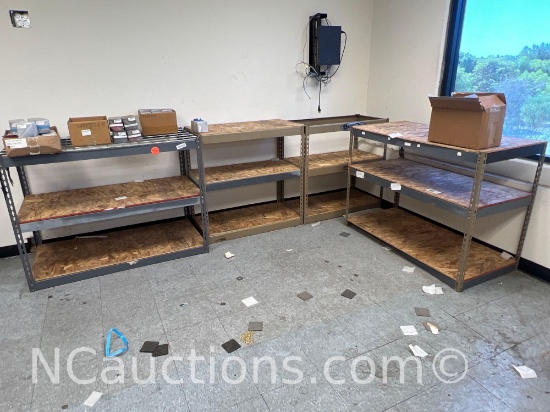 Four heavy-duty industrial storage shelving unit with plywood contents not included upstairs