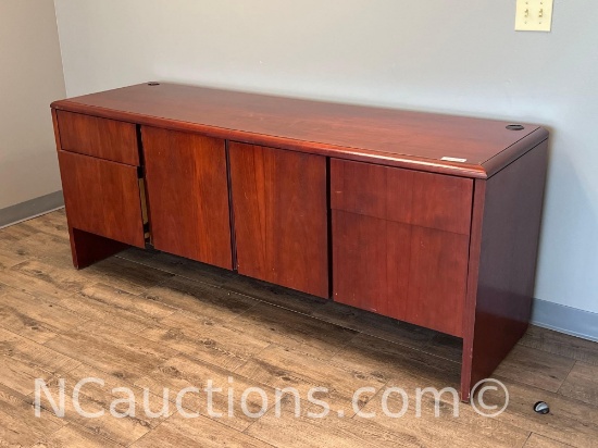 long mahogany-finish wood office storage credenza no contents