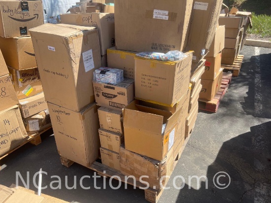 One pallet 40x48x64 inches estimated 27 boxes cup holders toothpaste slip on shoes etc.