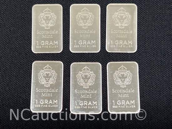 Six One gram .999 Silver bars 6 Grams Scottsdale mint