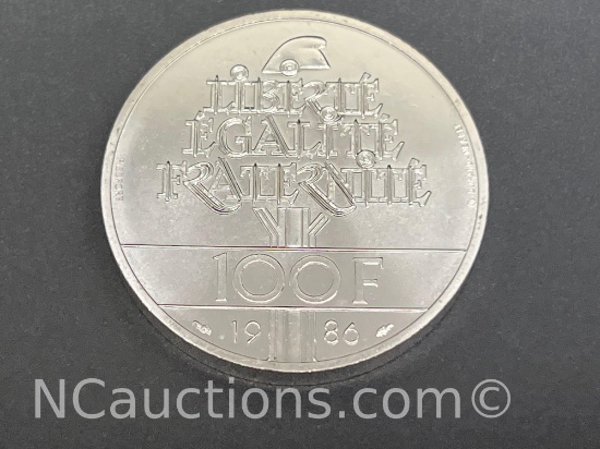 1986 France 100 Francs Statue of Liberty 90% silver coin 30 grams