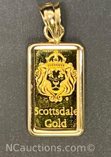 .9999 fine gold bar Pendant 1 gram Scottsdale Mint .75 gram platinum holder