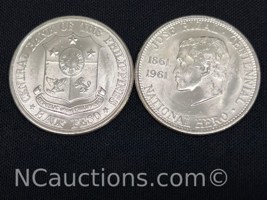 Two 1961 Philippines Half Peso 90% Silver coins 24.9 grams