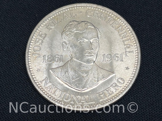 1961 Philippines Jose Rizal 1 Peso 90% silver coin 26 grams