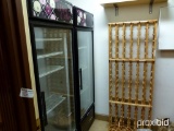 Room Including Wine Racks and (2) TRUE Glass Door Upright Coolers and a Shelving Unit