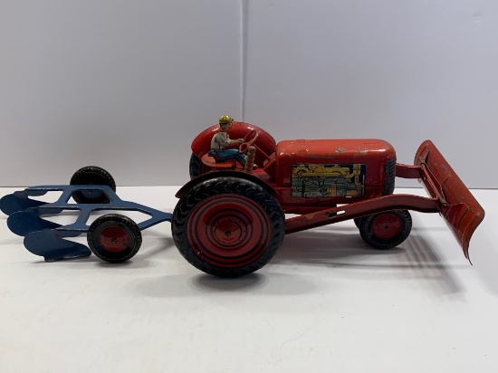 Vintage Metal Toy Tractor and 3-Bottom Plow