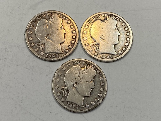 3 Barber Half Dollars 1906-1913