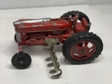 Hubley Wide Front Tractor with Cultivator, Broken front axle,  1/16 Scale