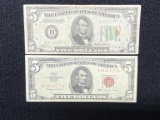 (2) $5 Notes (1) U.S Note Red Series & (1) Federal Reserve Series 34B