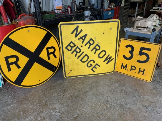 3-signs, Railroad Sign, Narrow Bridge, 35 Mph