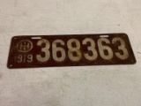 Ohio 1919 Metal License Plate, 4-3/4