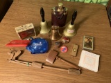 Misc. Bells, Banks, Cards, Wooden Toy, Flask