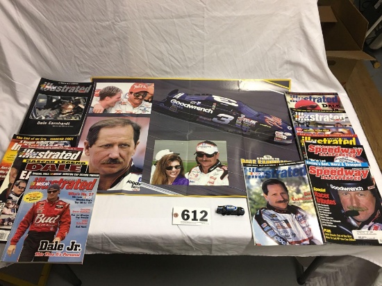 Collectible lot of Dale Earnhardt magazine and posters. Includes inside magazine NASCAR 1:64 scale