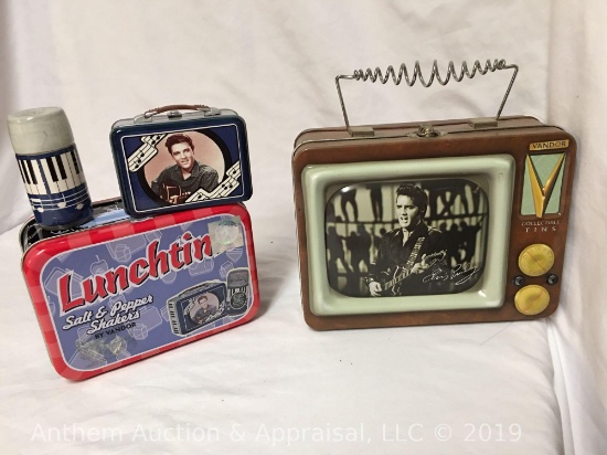 Elvis Presley set of two collectible lunchbox tins with Elvis salt and pepper shakers