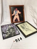 Lot of 3- Elvis Presley hanging wall clock, sketch print, and framed photograph