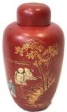 Lacquerware Urn with Lid Showing Garden Scene and Kanji Characters