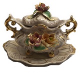 Vintage Capodimonte Porcelain Footed Tureen with Lid and Tray