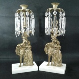 2 Antique Marble Brass Crystal Victorian Man and Woman with Marble Base