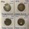 4 Barber Quarters 1896, 1898, 1901, 1902, coins