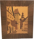 Vintage Marquetry Wood Inlaid Art piece Euro Street Scene