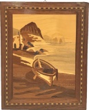 Vintage Marquetry Wood Inlay Art with boat 10 x 12