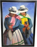 Large Oil Painting of Two Women with Fish